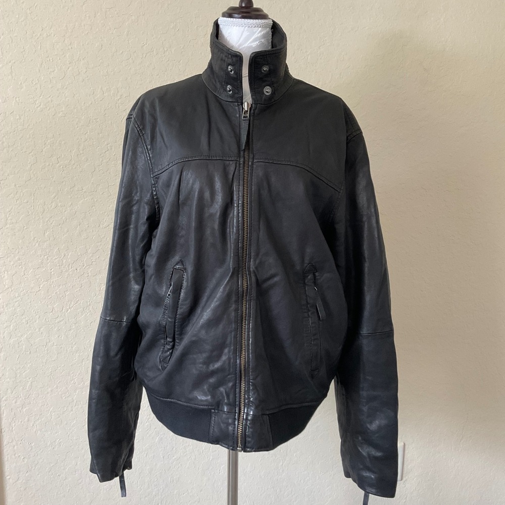Luciano Natazzi Leather Bomber Jacket Mens L Black Flight Moto Vintage - Picture 5 of 8